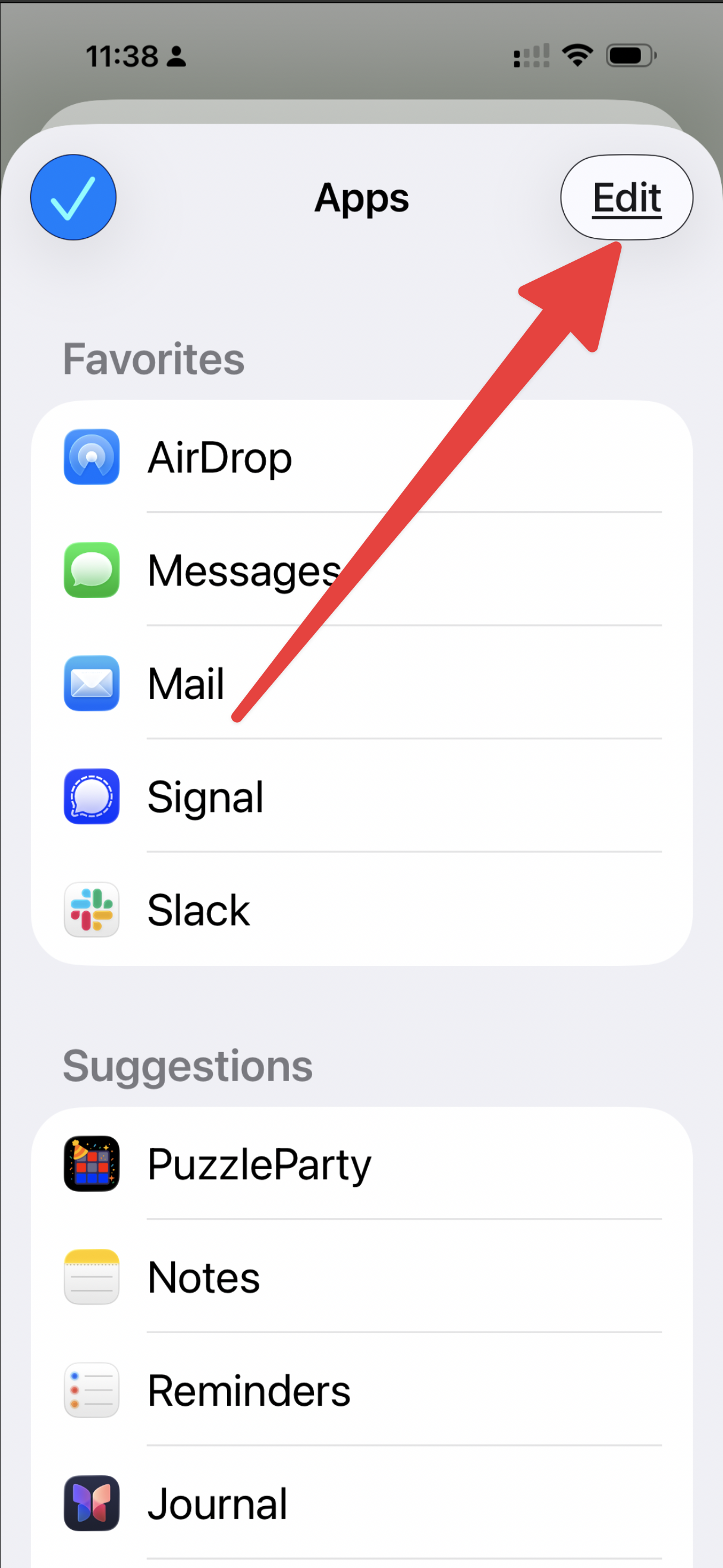 Share sheet More screen showing the Edit button highlighted in the top-right corner