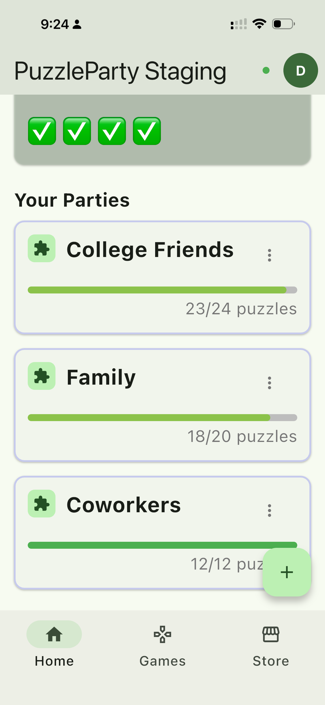 Parties list showing multiple groups like Family, Work Crew, and College Friends