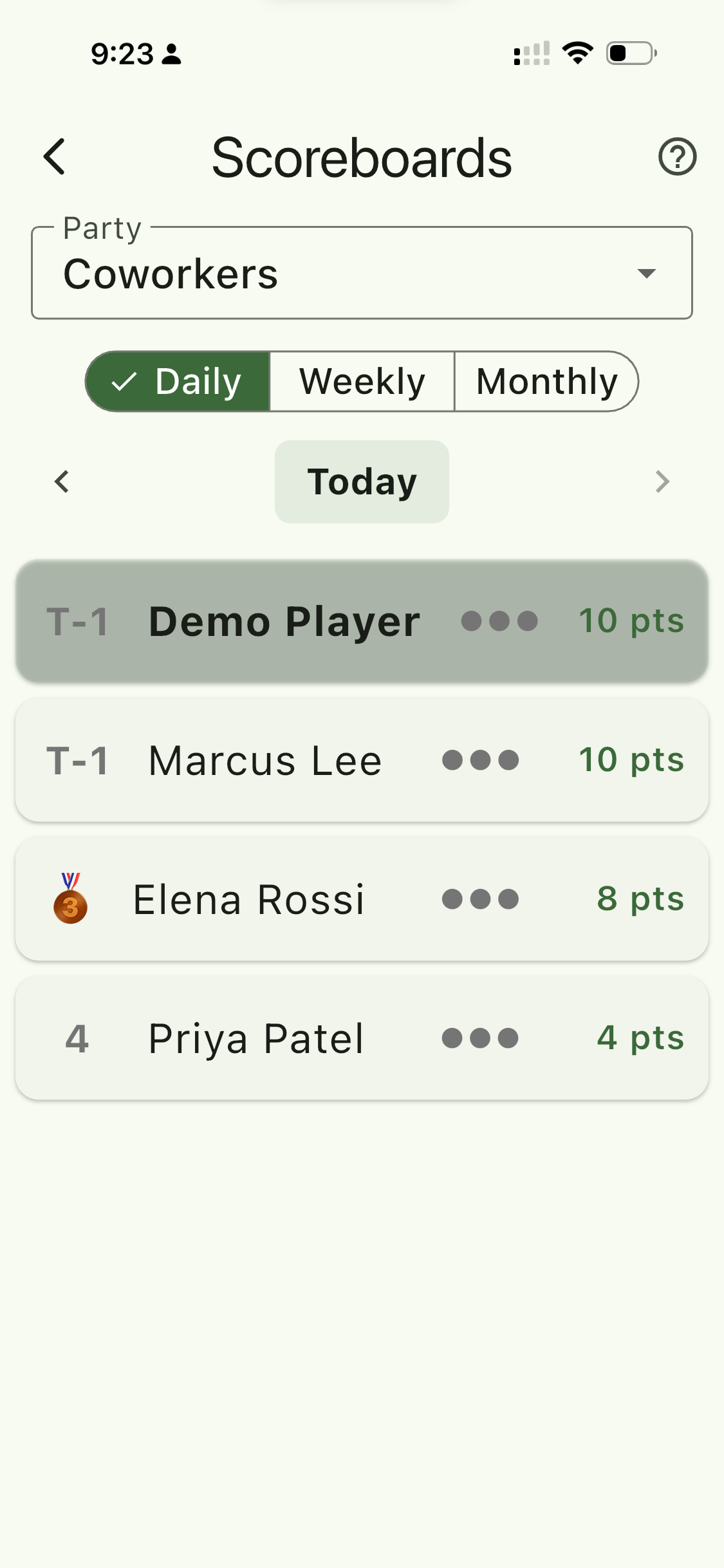 Today's PuzzleParty scoreboard showing friends ranked by score